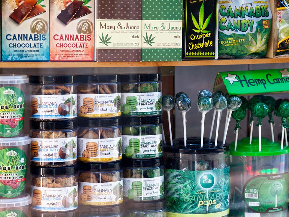 Variety of cannabis related products in a display case